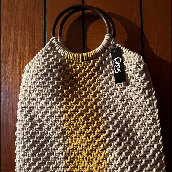 Sam Edelman - Circus, Bone, thick rope crochet tote with yellow stripe. - Picture 2 of 4